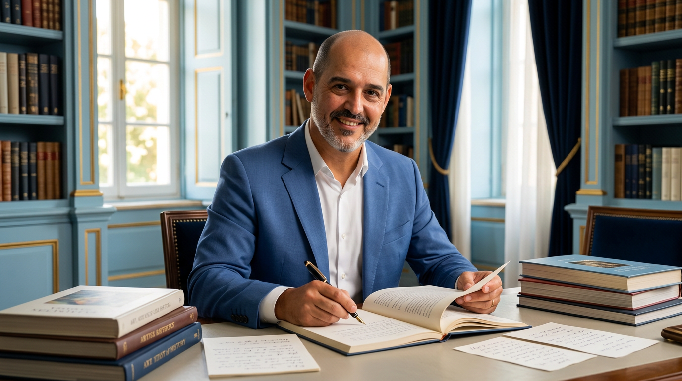 Carlos Mota apresentando suas obras em ambiente editorial