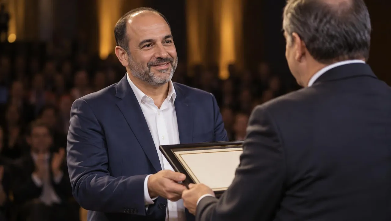 Carlos Mota recebendo um certificado em cerimônia de formatura, diante de uma plateia