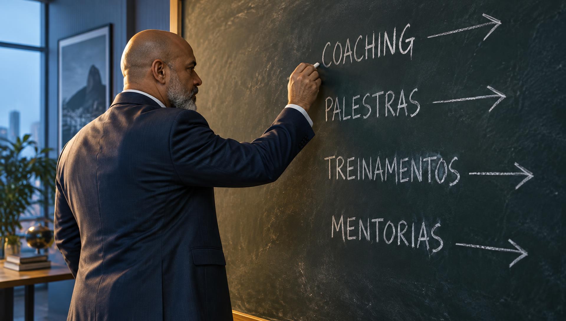 Carlos Mota escrevendo seus serviços em um quadro-negro: Coaching, Palestras, Treinamentos e Mentorias