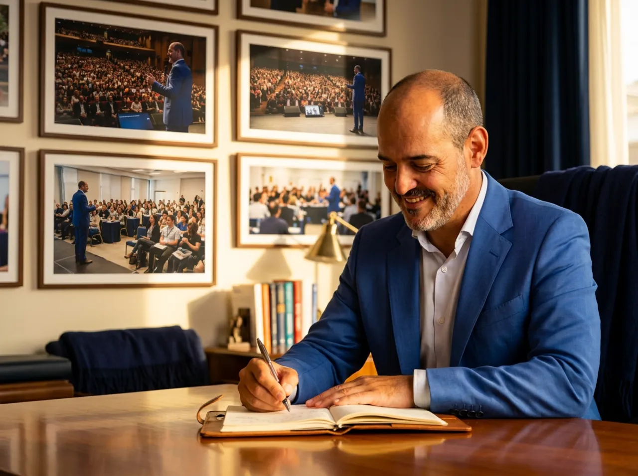 Carlos Mota sentado em seu escritório particular, escrevendo, com quadros de suas palestras e treinamentos para grandes públicos ao fundo